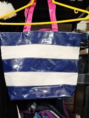 Estee Lauder Navy & White Striped Tote with Hot Pink Handles